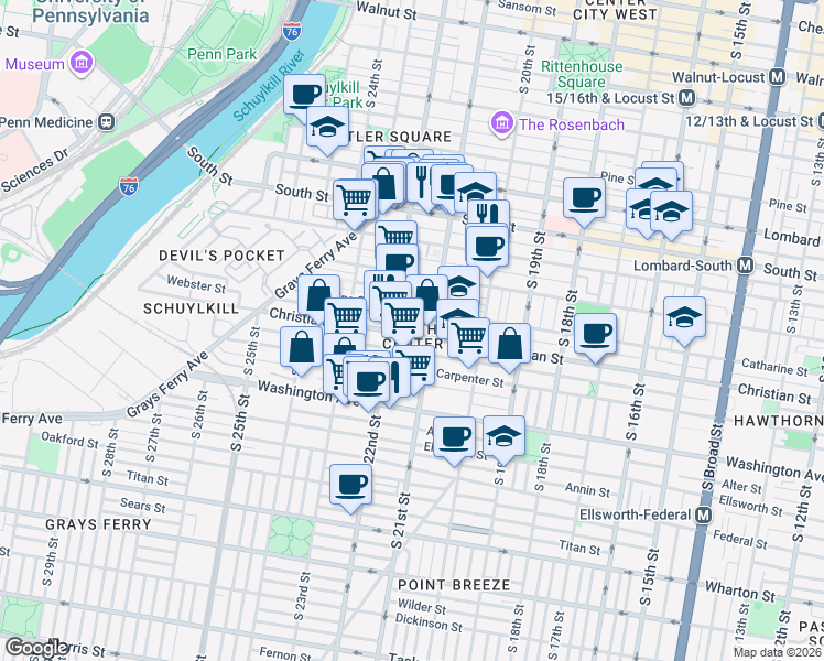 map of restaurants, bars, coffee shops, grocery stores, and more near in Philadelphia
