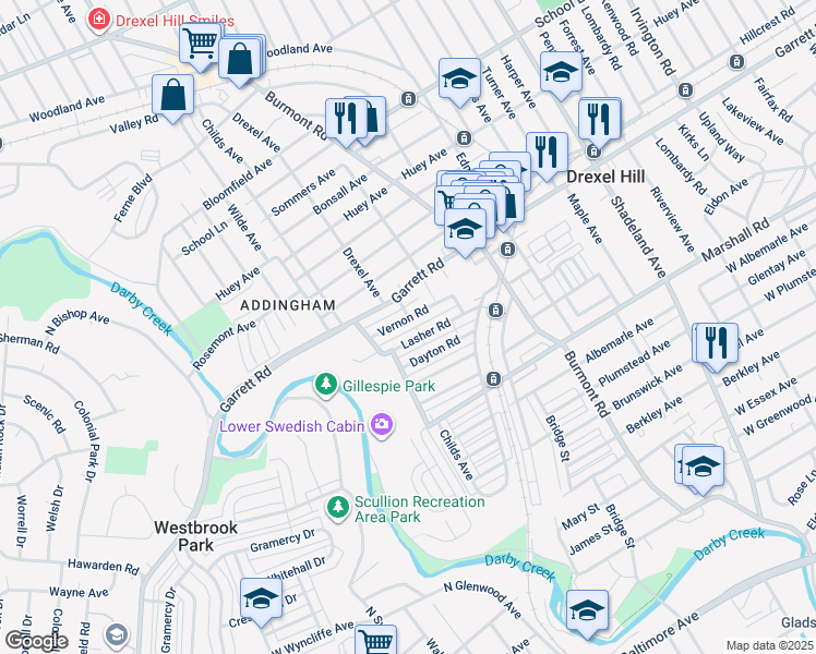 map of restaurants, bars, coffee shops, grocery stores, and more near 4101 Vernon Road in Drexel Hill