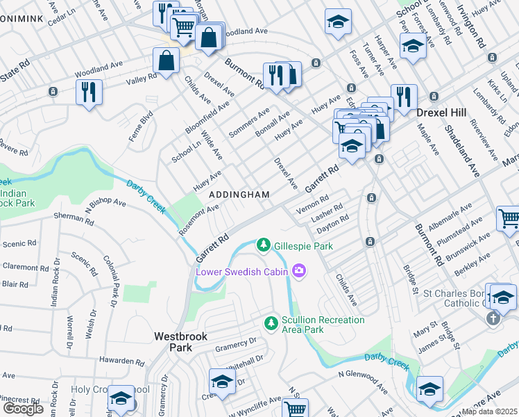 map of restaurants, bars, coffee shops, grocery stores, and more near 4200 Berry Avenue in Drexel Hill