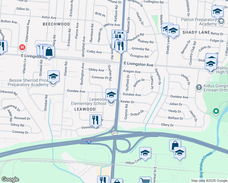 map of restaurants, bars, coffee shops, grocery stores, and more near 1595 Grattan Road in Columbus
