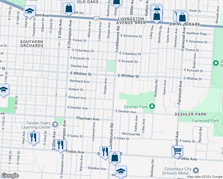 map of restaurants, bars, coffee shops, grocery stores, and more near 1164 Lockbourne Road in Columbus