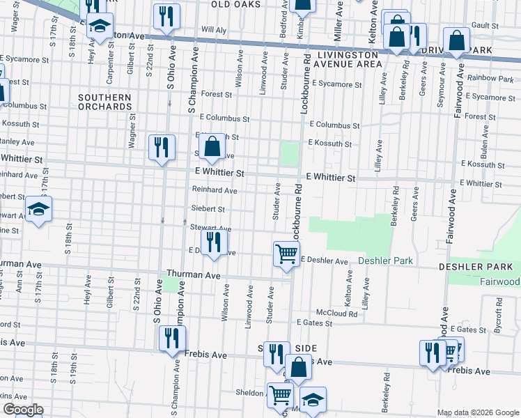 map of restaurants, bars, coffee shops, grocery stores, and more near 1153 Linwood Avenue in Columbus