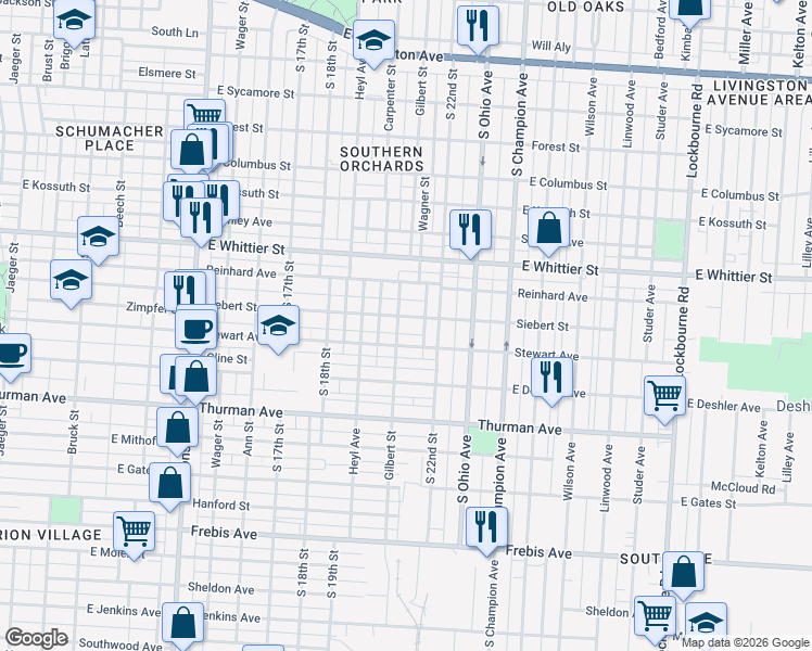 map of restaurants, bars, coffee shops, grocery stores, and more near 834 Siebert Street in Columbus