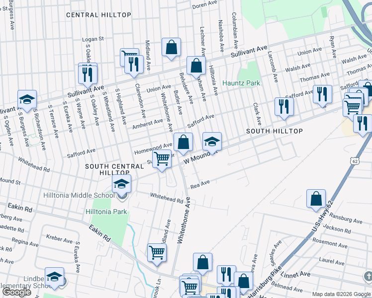 map of restaurants, bars, coffee shops, grocery stores, and more near 670 Butler Avenue in Columbus
