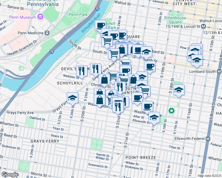 map of restaurants, bars, coffee shops, grocery stores, and more near 2300 Christian Street in Philadelphia
