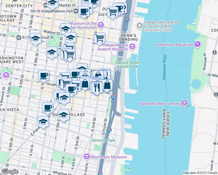 map of restaurants, bars, coffee shops, grocery stores, and more near 101 Naudain Street in Philadelphia