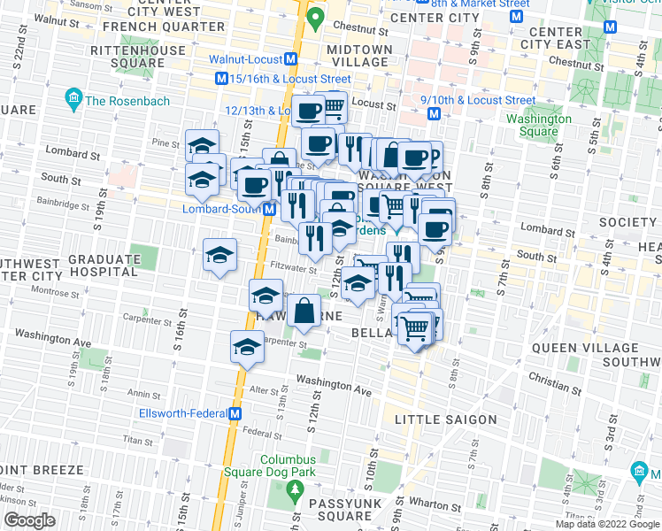 map of restaurants, bars, coffee shops, grocery stores, and more near 711 South 12th Street in Philadelphia