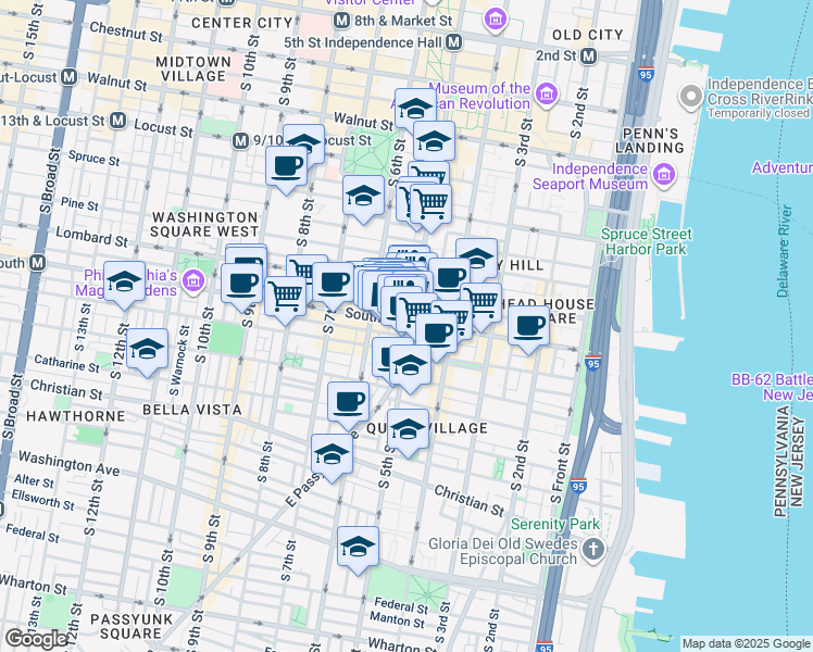 map of restaurants, bars, coffee shops, grocery stores, and more near 517 South Randolph Street in Philadelphia