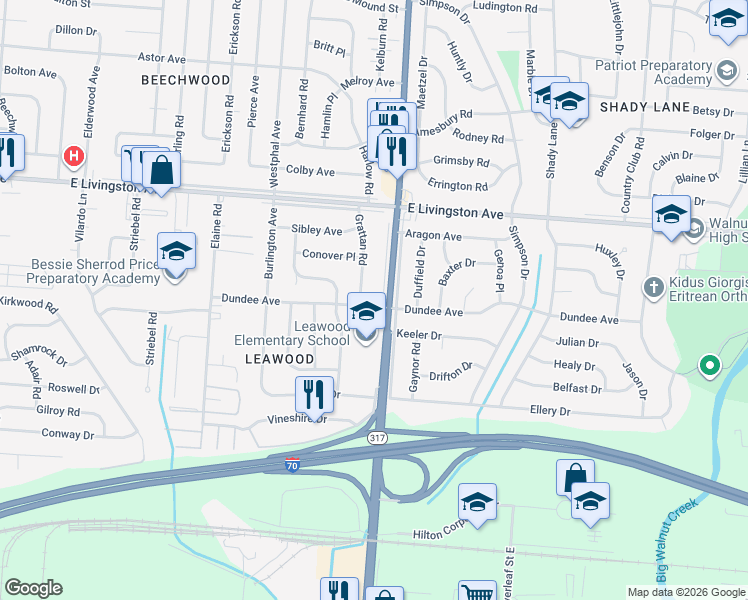 map of restaurants, bars, coffee shops, grocery stores, and more near 1595 Grattan Road in Columbus