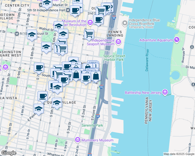 map of restaurants, bars, coffee shops, grocery stores, and more near 101 Naudain Street in Philadelphia