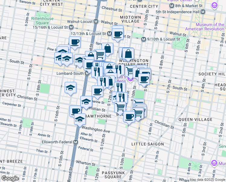map of restaurants, bars, coffee shops, grocery stores, and more near 723 South 12th Street in Philadelphia