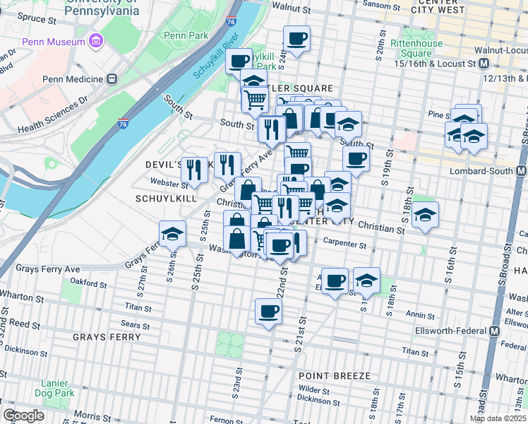 map of restaurants, bars, coffee shops, grocery stores, and more near 2300 Christian Street in Philadelphia