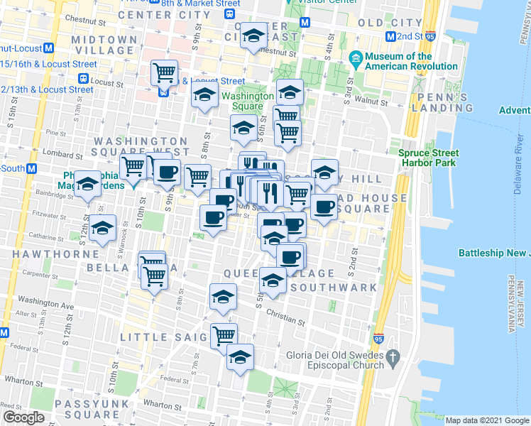 map of restaurants, bars, coffee shops, grocery stores, and more near 512 South Street in Philadelphia