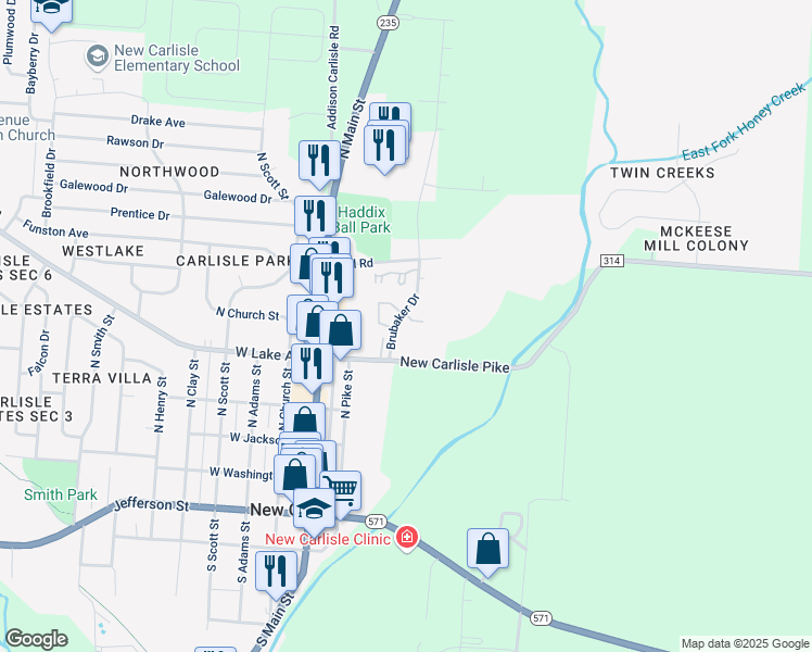 map of restaurants, bars, coffee shops, grocery stores, and more near 204 Brubaker Drive in New Carlisle