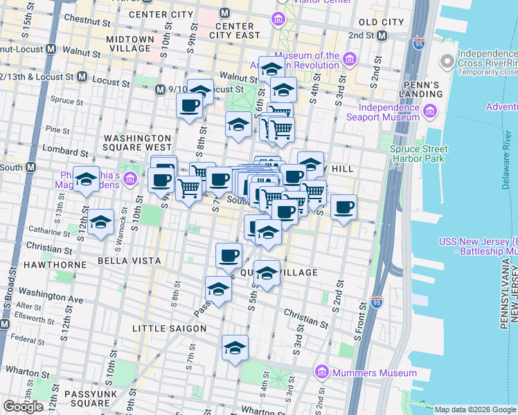 map of restaurants, bars, coffee shops, grocery stores, and more near 517 South Randolph Street in Philadelphia