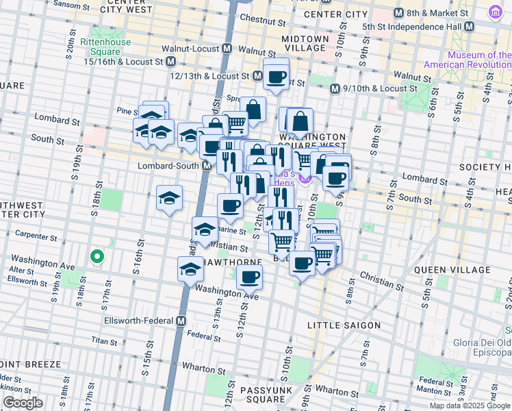 map of restaurants, bars, coffee shops, grocery stores, and more near 1201-15 Fitzwater Street in Philadelphia