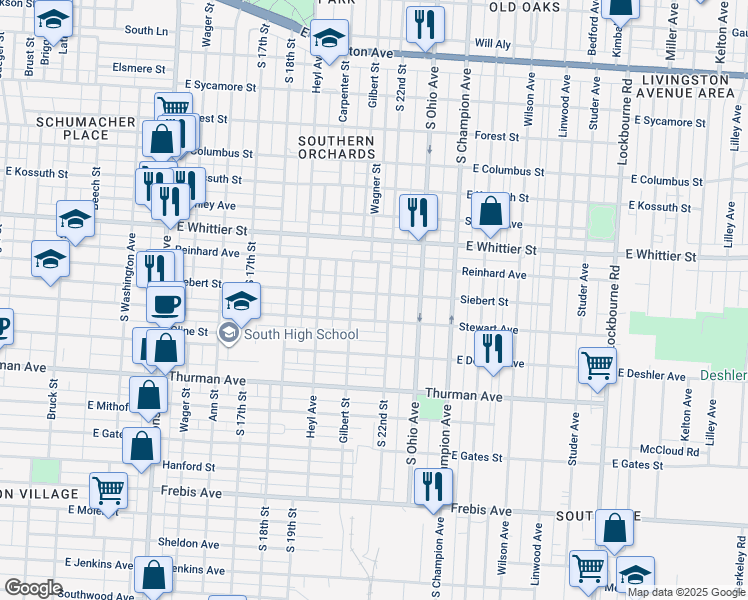 map of restaurants, bars, coffee shops, grocery stores, and more near 835 Siebert Street in Columbus