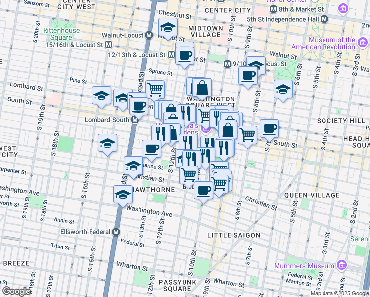 map of restaurants, bars, coffee shops, grocery stores, and more near 704 South 11th Street in Philadelphia