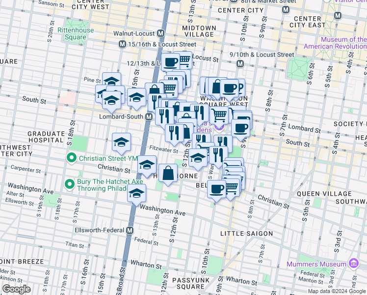 map of restaurants, bars, coffee shops, grocery stores, and more near 1201-15 Fitzwater Street in Philadelphia