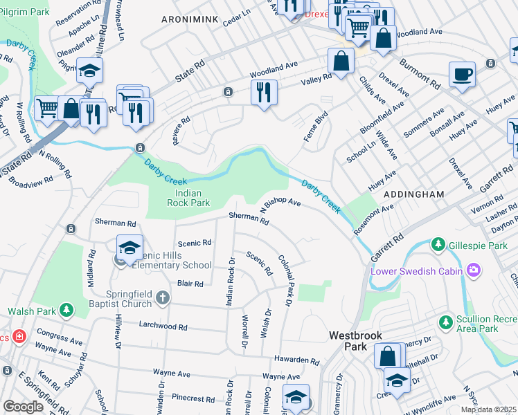 map of restaurants, bars, coffee shops, grocery stores, and more near 689 North Bishop Avenue in Springfield