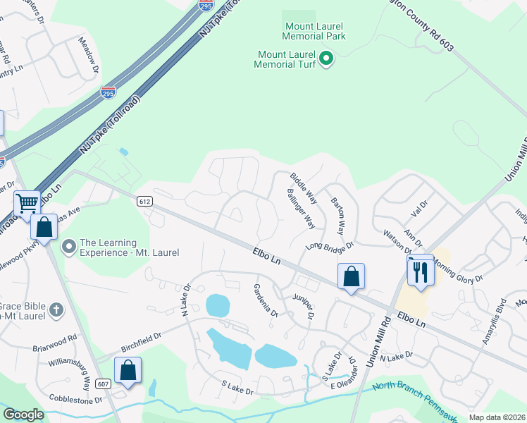 map of restaurants, bars, coffee shops, grocery stores, and more near 42 Elkington Drive in Mount Laurel Township