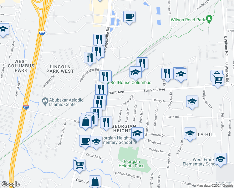 map of restaurants, bars, coffee shops, grocery stores, and more near 4155 Sullivant Avenue in Columbus