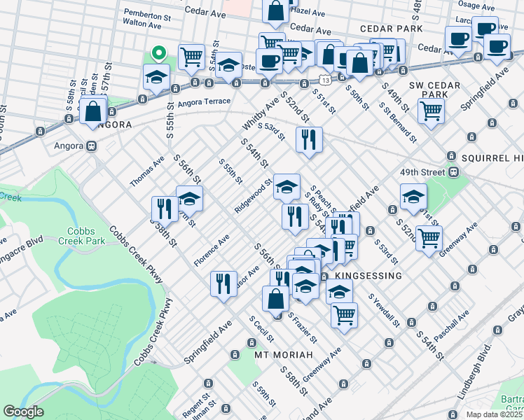 map of restaurants, bars, coffee shops, grocery stores, and more near 5500 Florence Avenue in Philadelphia