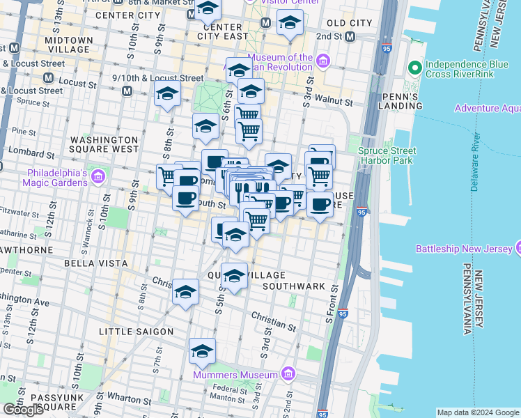 map of restaurants, bars, coffee shops, grocery stores, and more near 534 South 4th Street in Philadelphia