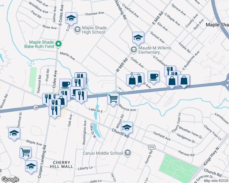 map of restaurants, bars, coffee shops, grocery stores, and more near 2498 New Jersey 38 in Cherry Hill Township