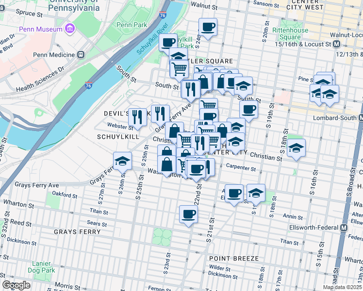 map of restaurants, bars, coffee shops, grocery stores, and more near 2312 Christian Street in Philadelphia