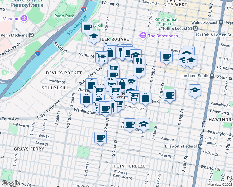 map of restaurants, bars, coffee shops, grocery stores, and more near in Philadelphia