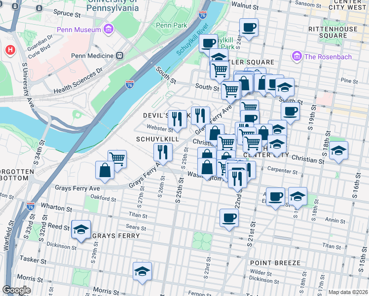 map of restaurants, bars, coffee shops, grocery stores, and more near 908 South 25th Street in Philadelphia