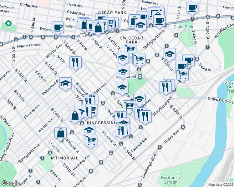 map of restaurants, bars, coffee shops, grocery stores, and more near 5126 Chester Avenue in Philadelphia