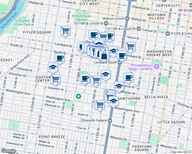 map of restaurants, bars, coffee shops, grocery stores, and more near 742 South 16th Street in Philadelphia