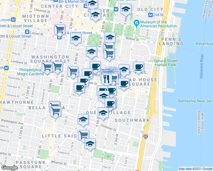 map of restaurants, bars, coffee shops, grocery stores, and more near South St & E Passyunk Ave in Philadelphia