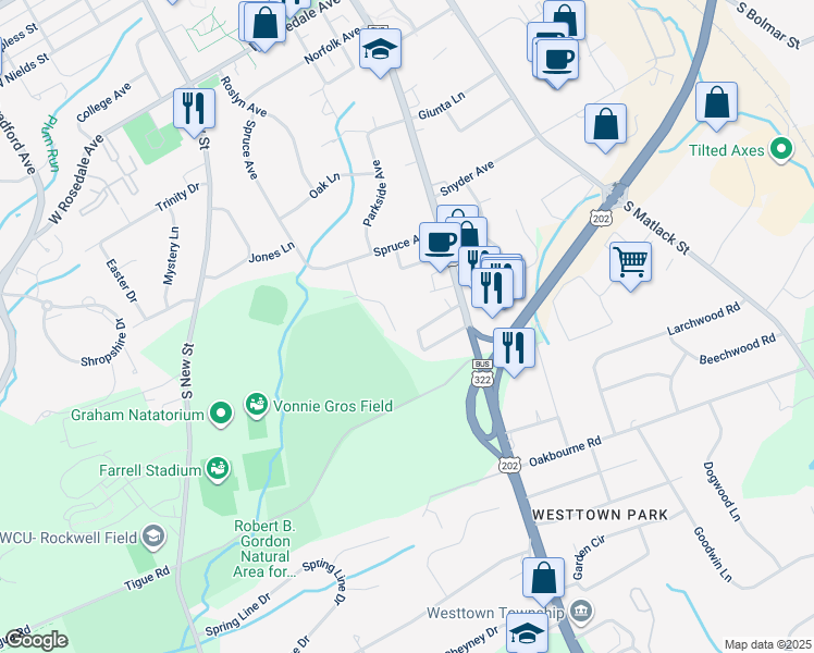 map of restaurants, bars, coffee shops, grocery stores, and more near 911 Sheridan Drive in West Chester