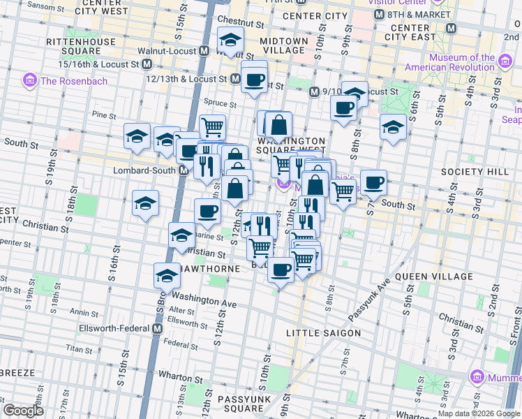 map of restaurants, bars, coffee shops, grocery stores, and more near 712 South 11th Street in Philadelphia