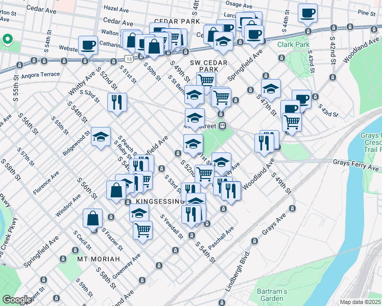 map of restaurants, bars, coffee shops, grocery stores, and more near 5111 Regent Street in Philadelphia
