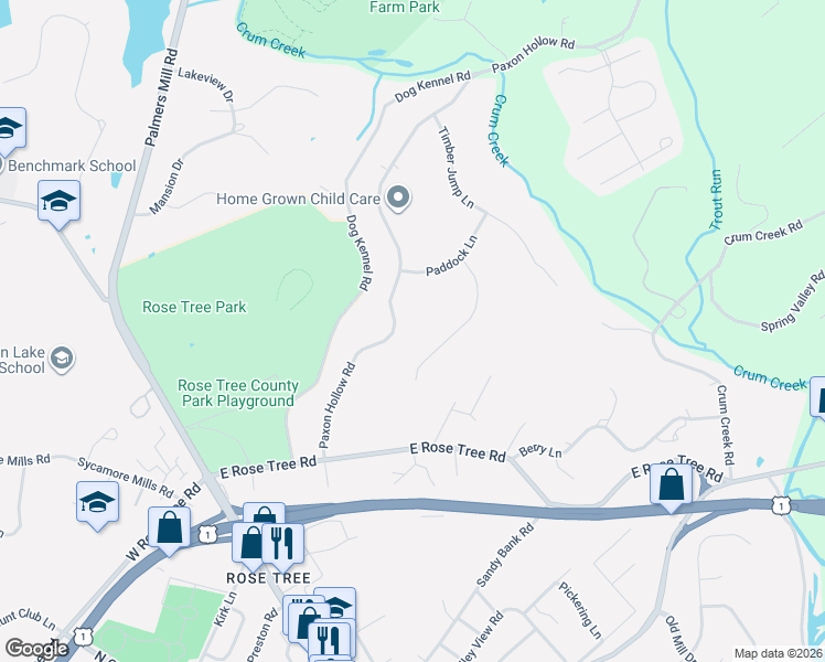 map of restaurants, bars, coffee shops, grocery stores, and more near 180 Paxon Hollow Road in Media