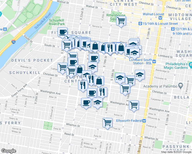 map of restaurants, bars, coffee shops, grocery stores, and more near 777 South 20th Street in Philadelphia