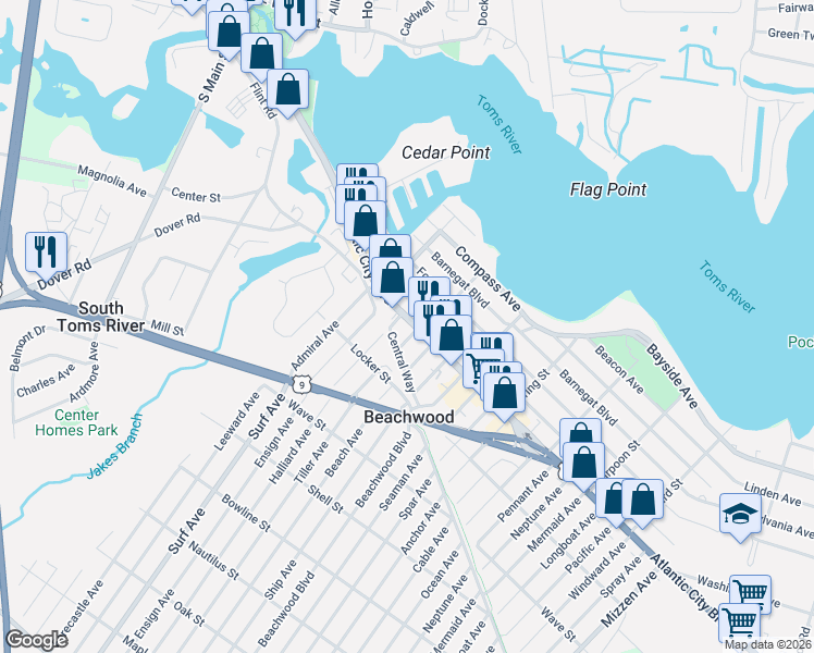 map of restaurants, bars, coffee shops, grocery stores, and more near 118 Atlantic City Boulevard in Beachwood