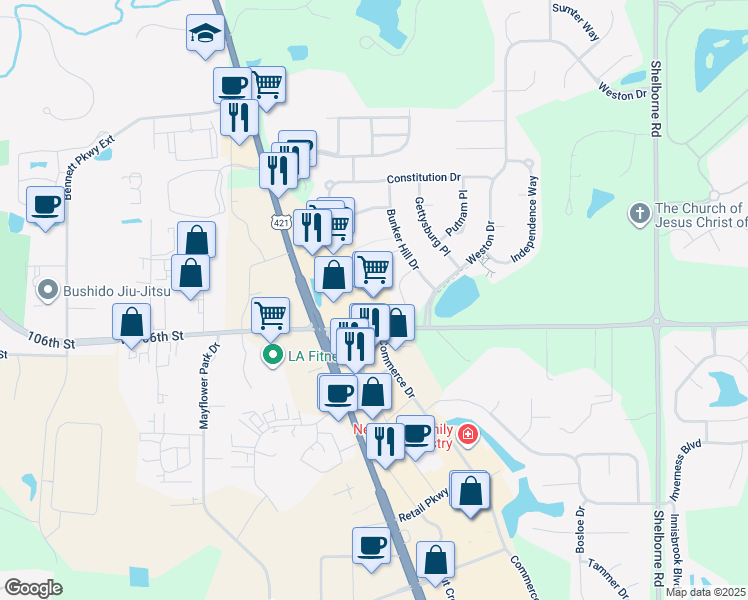 map of restaurants, bars, coffee shops, grocery stores, and more near 4000 W 106th St in Carmel