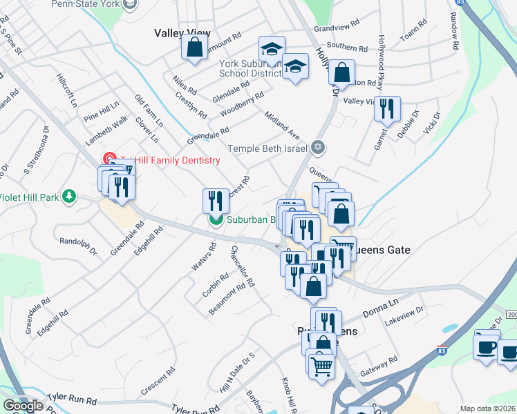 map of restaurants, bars, coffee shops, grocery stores, and more near 2150 Suburban Road in York
