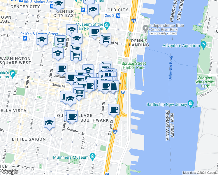 map of restaurants, bars, coffee shops, grocery stores, and more near 511 South 2nd Street in Philadelphia