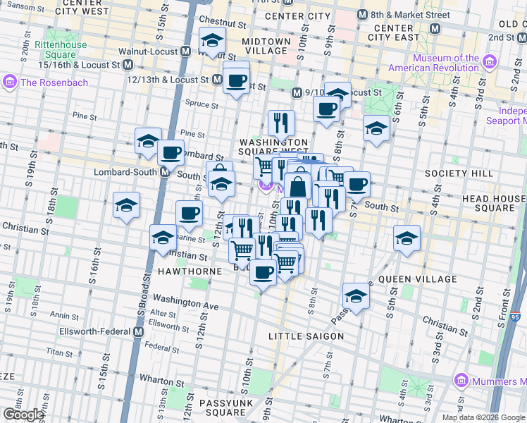map of restaurants, bars, coffee shops, grocery stores, and more near in Philadelphia