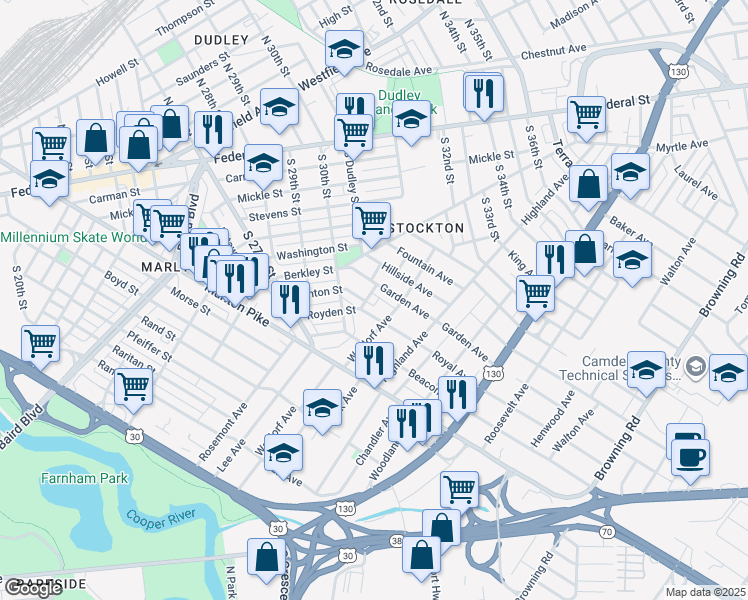 map of restaurants, bars, coffee shops, grocery stores, and more near 3042 Royden Street in Camden