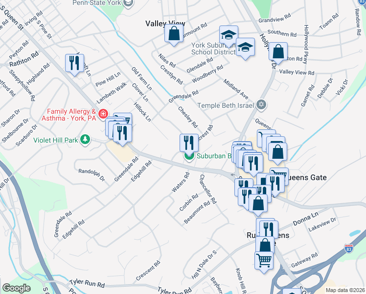 map of restaurants, bars, coffee shops, grocery stores, and more near 525 Hillcrest Road in York