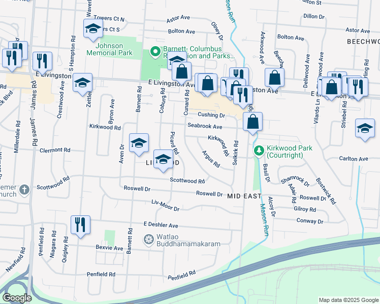 map of restaurants, bars, coffee shops, grocery stores, and more near 1488 Cunard Road in Columbus