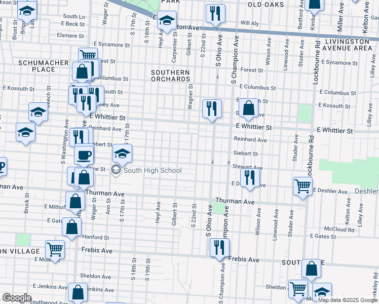 map of restaurants, bars, coffee shops, grocery stores, and more near 833 Siebert Street in Columbus