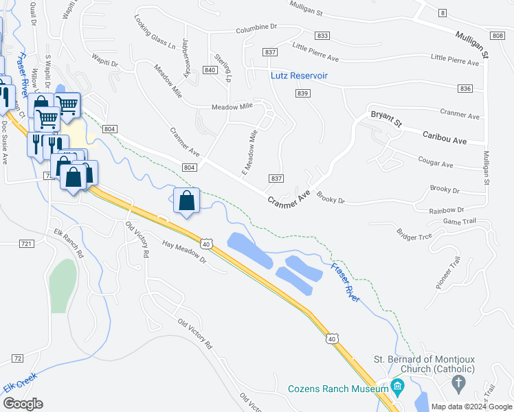 map of restaurants, bars, coffee shops, grocery stores, and more near 702 County Road 834 in Granby